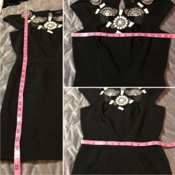 bebe Black Mini Sheath Dress Cap Sleeves Embellished Beaded Yoke Cocktail XXS - Picture 9 of 9